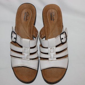 Clarks Leather Triple Strap Slides Leisa Spring White SANDALS